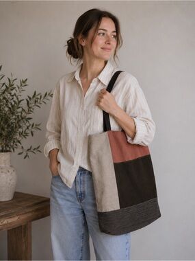Colorblock Linen and Cotton Tote Bag